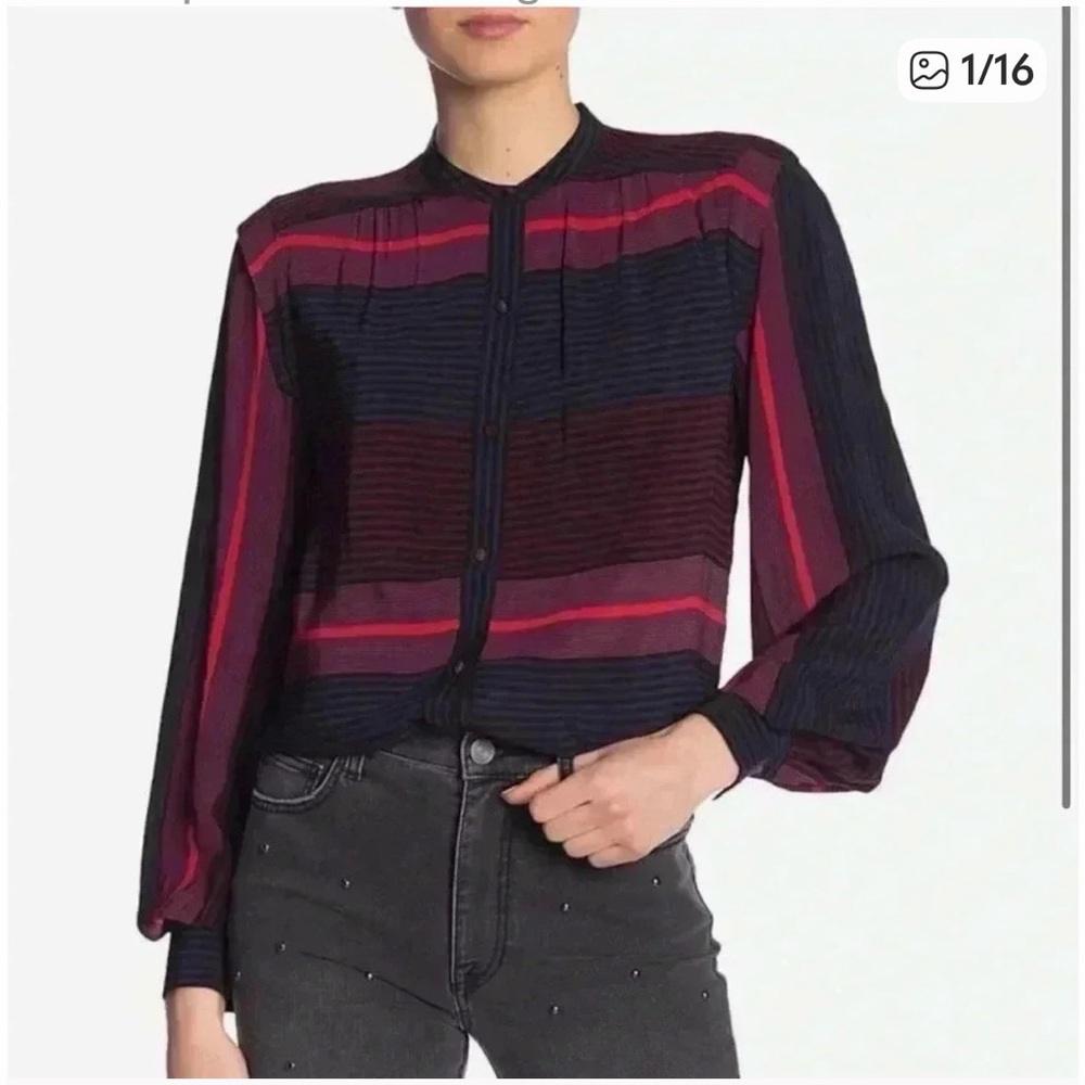 Joie Moni Navy and Red Striped Silk Long Sleeve Button Down Blouse
